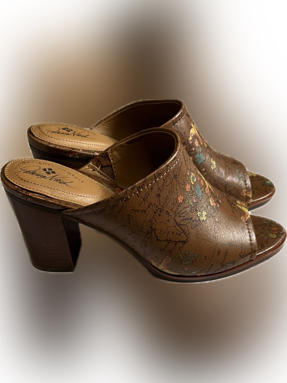 Patricia Nash Floral Map Ottavia Stacked Block Heel Leather Mules 10 Tan Brown
